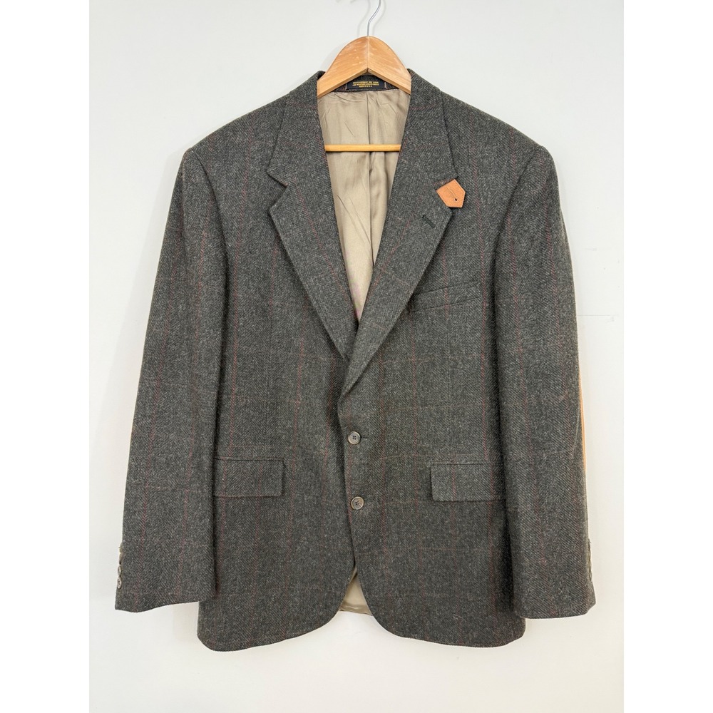 VTG Evan Picone Wool Tweed Herringbone Plaid Blazer Leather Elbow Patches 43L
